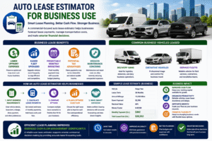 Auto Lease Estimator infographic for business use showing commercial vehicle lease planning, fleet management, monthly budgeting, tax advantages, and transportation cost forecasting.