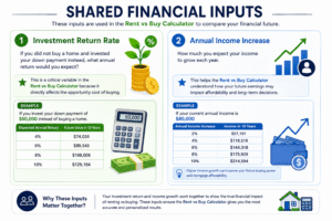 Rent vs Buy Calculator infographic showing shared financial inputs like investment return rate and annual income increase for comparing renting versus buying a home.