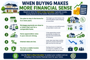 Rent vs Buy Calculator infographic explaining when buying a home makes more financial sense based on mortgage costs, appreciation, low interest rates, and long-term stability.