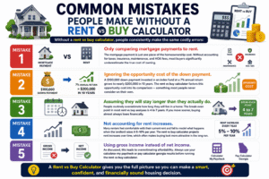 Rent vs Buy Calculator infographic showing common financial mistakes people make when comparing renting versus buying a home without proper cost analysis.