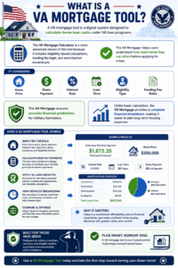 VA Mortgage Calculator infographic explaining VA loan costs, monthly payments, funding fees, eligibility rules, amortization schedules, and home affordability for military borrowers.