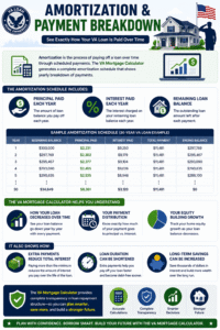 VA Mortgage Calculator infographic explaining amortization schedules, payment breakdowns, principal payments, interest costs, remaining balance, and long-term mortgage savings.