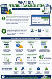 Personal Loan Calculatorr infographic explaining loan repayment estimates, monthly payments, interest costs, amortization schedules, and financial planning tools.