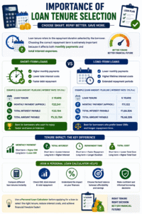 Personal Loan Calculator infographic explaining the importance of loan tenure selection, comparing short-term and long-term loan repayment costs, EMIs, and interest savings.
