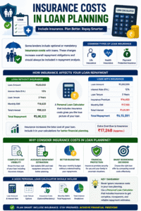 Personal Loan Calculator infographic explaining insurance costs in loan planning, repayment obligations, total borrowing expenses, and accurate financial analysis.