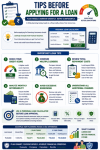 Personal Loan Calculator infographic showing important tips before applying for a loan including credit score checks, lender comparison, affordability analysis, and repayment planning.