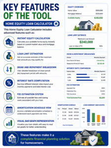 Personal Loan Calculator infographic showing instant loan estimation, repayment breakdown, interest calculation, amortization schedule, fee estimation, and financial planning features.