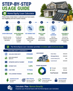 Home Equity Loan Calculator infographic showing step-by-step usage guide including home value entry, mortgage balance, interest rate setup, loan term selection, and instant loan results