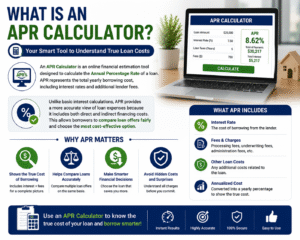 APR Calculator infographic explaining annual percentage rate calculations, loan interest costs, lender fees, borrowing expenses, and loan comparison tools.