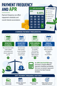 APR Calculator infographic showing monthly, quarterly, semi-annual, and annual payment frequencies with loan repayment comparison and interest accumulation analysis.