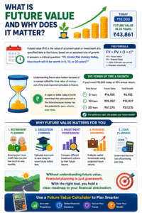 Future Value Calculator infographic explaining investment growth, time value of money, compound returns, and long-term financial planning benefits.