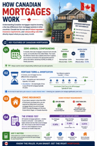 Detailed infographic explaining how a Canadian Mortgage Calculator works, including semi-annual compounding, mortgage terms vs amortization, CMHC insurance, and Canada mortgage stress test rules.
