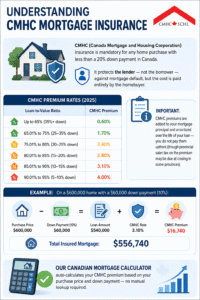 Canadian Mortgage Calculator showing CMHC mortgage insurance rates for 2025 with down payment examples, premium percentages, insured mortgage calculation, and homebuyer mortgage costs in Canada.