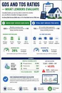 Canadian Mortgage Calculator infographic explaining GDS and TDS ratios, mortgage affordability calculations, debt service limits, lender requirements, and mortgage qualification rules in Canada.