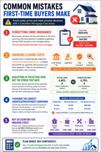 Canadian Mortgage Calculator infographic showing common first-time homebuyer mistakes including CMHC insurance, closing costs, stress test rates, amortization comparison, and ongoing housing expenses in Canada.