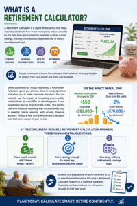 Retirement Calculator infographic showing retirement savings projections, compound interest growth, monthly contributions, retirement age planning, and future retirement income estimates.