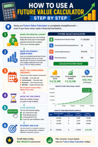 Future Value Calculator infographic showing step-by-step instructions for calculating investment growth, compound interest, and future savings projections.