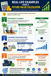Future Value Calculator infographic showing real-life examples of retirement planning, education savings, and business investment growth using compound returns.