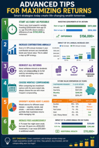 Future Value Calculator infographic showing advanced investment tips including early investing, annual contribution increases, compound interest growth, monthly compounding, diversification, and fee reduction strategies.