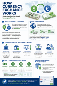 Exchange Currency Converter infographic explaining how currency exchange works, including forex market operations, exchange rates, currency conversion process, and key participants like banks, brokers, and consumers.