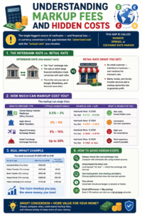 Exchange Currency Converter infographic explaining markup fees, hidden currency exchange costs, interbank vs retail exchange rates, forex spreads, and money transfer service charges.