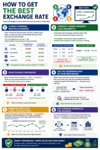 Exchange Currency Converter infographic explaining how to get the best exchange rate by comparing providers, avoiding double conversion, checking interbank rates, and reducing forex fees.