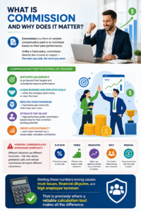 Professional infographic explaining how a Commission Calculator works, including sales commission structures, earnings calculation methods, flat rate, tiered, graduated, split, and residual commissions.