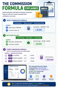 Detailed infographic explaining the Commission Calculator formula with examples of basic commission, base salary plus commission, and tiered commission structures for sales teams and businesses.