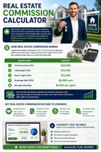 Professional infographic explaining how a Real Estate Commission Calculator works, including realtor commission splits, brokerage fees, buyer and seller agent commissions, and net earnings calculations.
