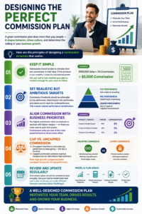 Professional infographic explaining how to design the perfect Commission Calculator plan with simple commission structures, realistic targets, uncapped commissions, and sales growth strategies.