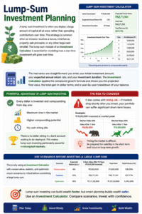 Investment Calculator infographic explaining lump-sum investment planning, compound growth, market timing risk, future investment value, and long-term wealth projections.