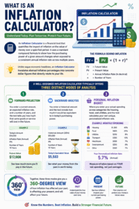 Educational infographic explaining what an Inflation Calculator is, including forward projection, backward analysis, and personal inflation basket methods to measure purchasing power and future costs.