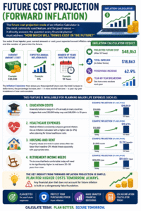 Financial infographic explaining future cost projection using an Inflation Calculator, including education costs, healthcare inflation, housing expenses, retirement planning, and long-term purchasing power growth.