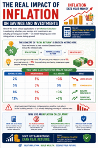 Financial infographic explaining the real impact of inflation on savings and investments using an Inflation Calculator, including real return calculations, purchasing power loss, and investment growth comparison table.