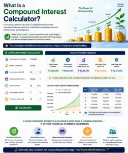 Compound Interest Calculator showing investment growth, future value, accumulated interest, annual returns, and wealth growth projection over time