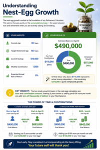 Retirement Calculator showing nest egg growth, compound interest earnings, retirement savings projection, monthly contribution impact, and long-term investment growth chart.