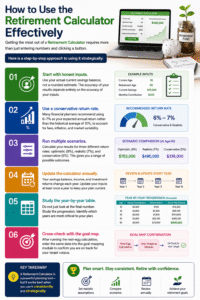 Step-by-step Retirement Calculator infographic showing retirement planning strategies, investment return scenarios, annual updates, savings projections, and nest egg growth planning.
