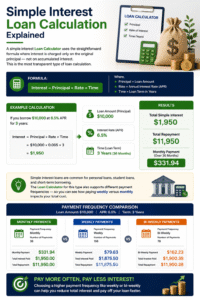 Simple Interest Loan Calculator infographic showing principal, APR, loan term, monthly payment calculation, total repayment amount, and payment frequency comparison.