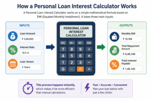 Personal Loan Interest Calculator showing inputs like loan amount, interest rate, tenure and outputs like EMI, total repayment and interest payable