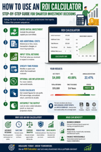 Step-by-step infographic showing how to use an ROI Calculator to calculate investment returns, net profit, annualized ROI, inflation-adjusted returns, and financial growth analysis.