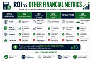 Detailed infographic comparing ROI Calculator with IRR, NPV, ROE, and Payback Period for investment analysis, financial planning, risk management, and smarter business decision-making.