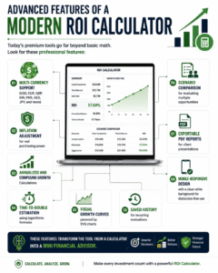 Professional infographic showing advanced features of a modern ROI Calculator including multi-currency support, inflation adjustment, compound growth analysis, PDF reports, scenario comparison, and investment tracking tools.