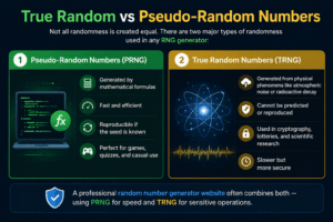 Comparison infographic explaining True Random Numbers and Pseudo-Random Numbers used in a Random Number Generator Website