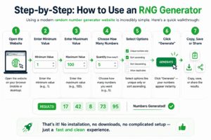 Step-by-step tutorial infographic showing how to use a Random Number Generator Website to generate random numbers instantly