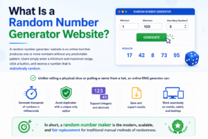 Random Number Generator Website showing instant random number output with range input fields for fast online number generation