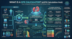 "A user-friendly GFR calculator tool displaying kidney function test results, blood creatinine levels, and CKD stages for clinical assessment."