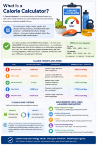 Calorie Calculator infographic showing how daily calorie needs are calculated using Mifflin-St Jeor equation, activity level, and TDEE with weight loss and gain targets
