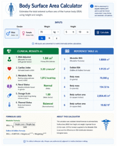 Body Surface Area Calculator medical infographic showing height, weight inputs and clinical BSA results including Mosteller and DuBois formulas