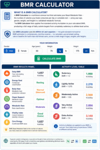 Body BMR Calculator interface showing Basal Metabolic Rate calculation with age, weight, height inputs and activity level calorie breakdown for daily energy needs estimation