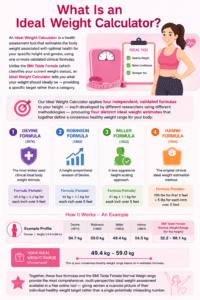 BMI Table Female guide showing ideal body weight range, BMI comparison, and 4 scientific weight calculation formulas for women